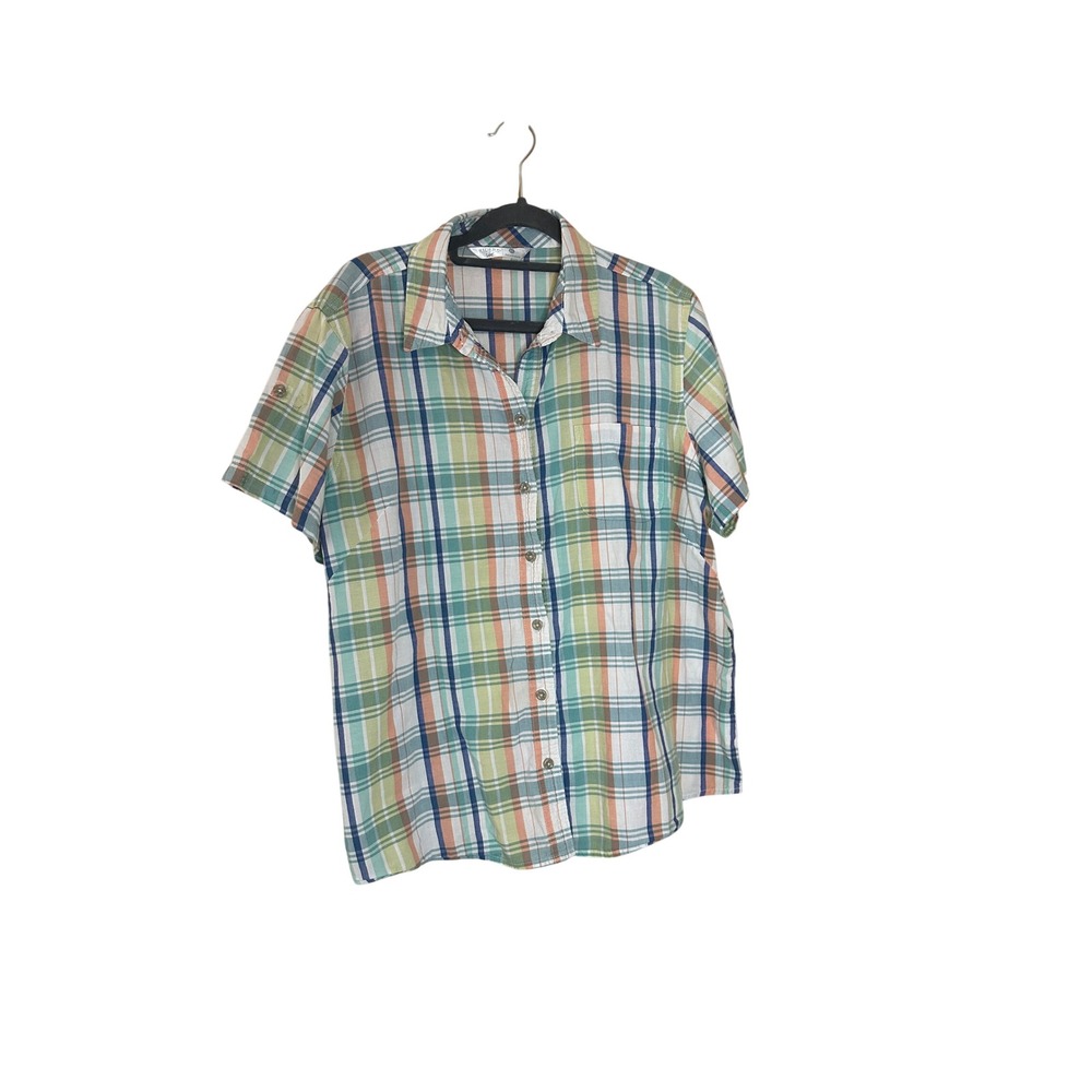 Riders Lee Womens XL Plaid Short Sleeve Button Down Shirt Green Blue Orange